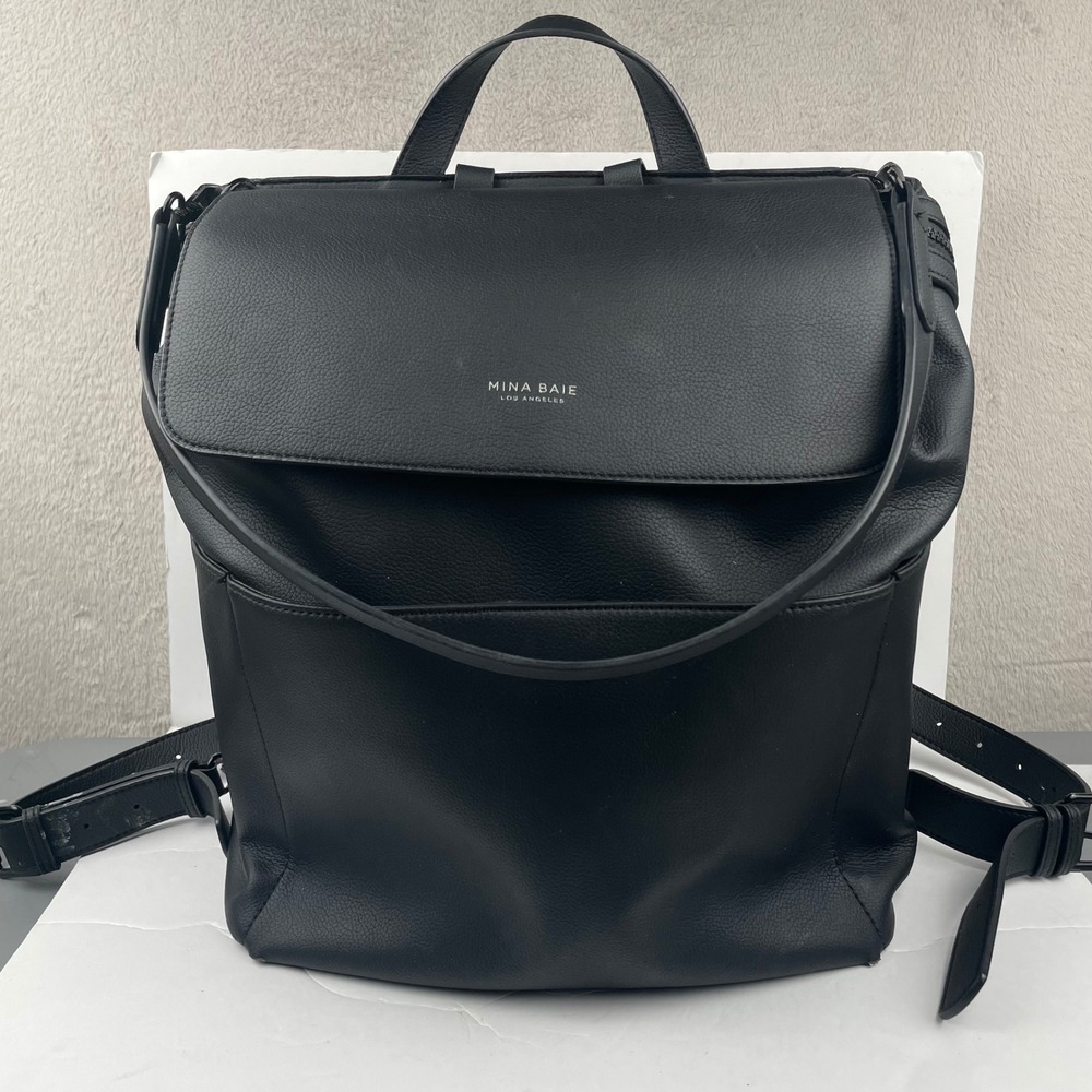 Mina Baie Kinney Backpack Diaper Bag Black Vegan Leather Travel Work Full Size